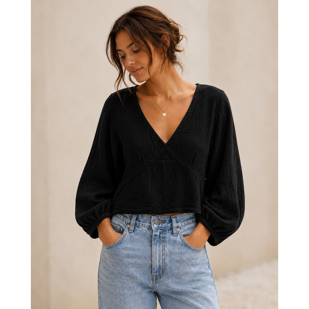 Nation LTD Black Cotton Gauze V-Neck Balloon Sleeve Blouse Large